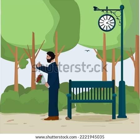 A man is waiting for a woman in the park under the clock.  The girl is late for a date. Vector illustration.