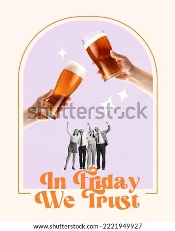 Contemporary artwork. Creative design in retro style. Cheerful people, employees having fun under beer glasses. Concept of fun, party, youth, lifestyle, Friday meeting, weekend, business