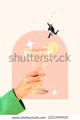 Contemporary artwork. Creative design in retro style. Businessman with briefcase jumping into delicious alcohol glass, cocktail. Concept of fun, party, youth, lifestyle, Friday meeting, weekend