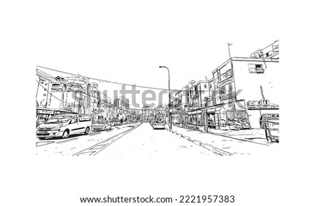 Building view with landmark of Petah Tikva is the 
city in Israel. Hand drawn sketch illustration in vector.