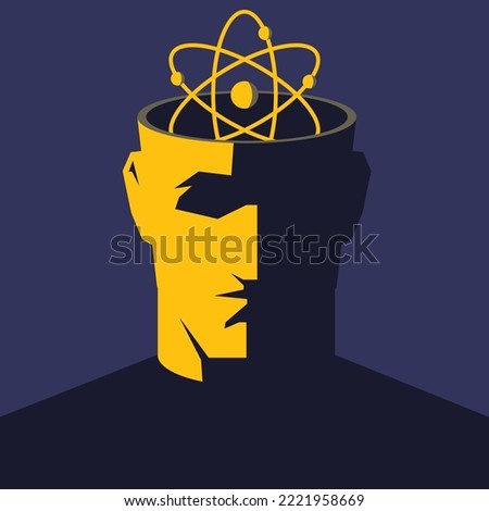 Scientist. Male open head with atom symbol inside. Clipping mask used.