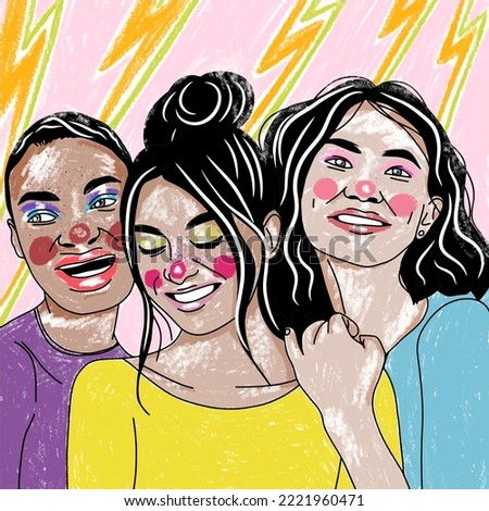 Portraits of a group of girls with a bright background, bright colors, drawing in the style of pop art