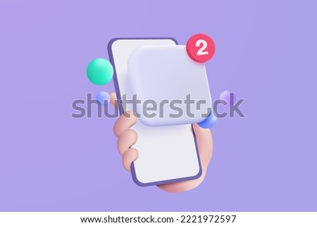 3D blank app icon with notification alert speech bubble, online social comment push notice on mobile phone in 3d holding hand. 3d mobile phone with message reminder icon vector render illustration