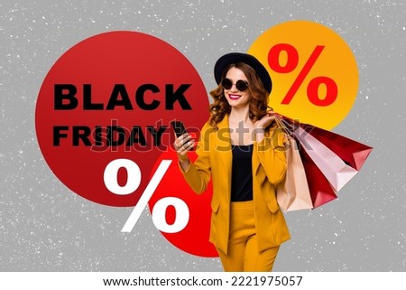 Collage photo of young attractive curly hair lady wear stylish panama nice outfit hold smartphone eshopping black friday isolated on grey background