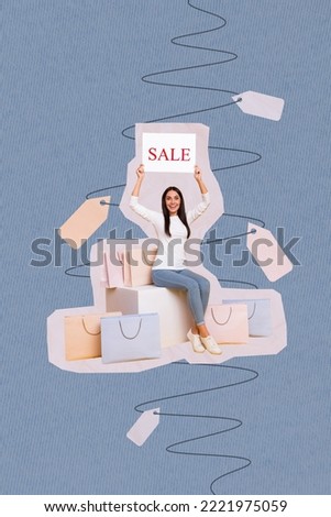 Vertical collage picture of astonished positive girl sit podium hands hold paper sale ad card limited time only offer isolated on drawing background