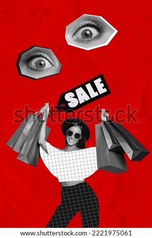 Vertical collage picture of big eyes spy watch delighted excited girl black white effect hold bags sale proposition isolated on red background