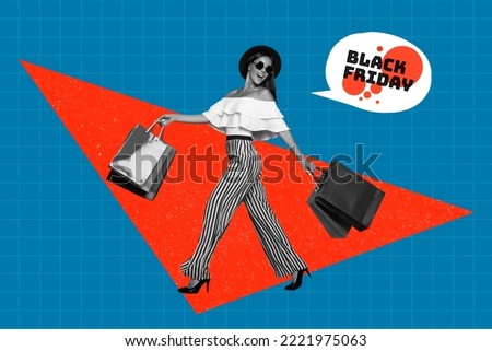 Creative collage picture of pretty positive girl black white colors walking hold bags black friday deal isolated on checkered drawing background