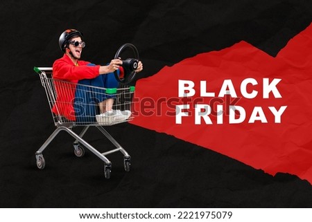 Creative collage picture of excited guy sit market trolley hold wheel black friday limited time only proposition isolated on painted background