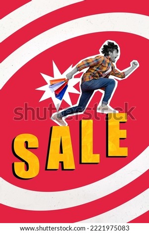 Vertical collage picture of excited mini guy black white colors hold bags running big sale text special offer isolated on drawing background