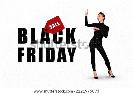 Composite collage picture of excited funky girl dancing black friday sale big text isolated on white background
