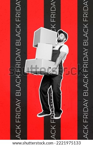 Collage photo of young funny courier free delivery man bring parcel for customers  big sale black friday isolated on red background