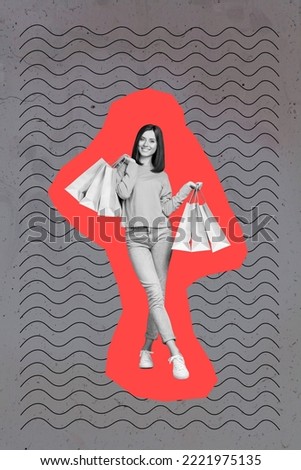 Collage photo banner advertisement of new brand shopping girl hold bargains enjoy black friday best offer good price isolated on wavy grey background