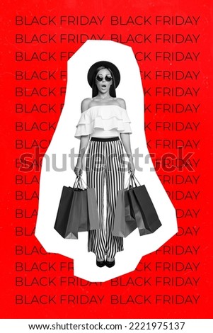 Collage photo of funny shocked girl young fashionista wear glamour outfit unexpected special offer cheap clothes hold bags isolated on red background