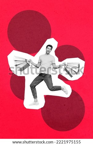 Vertical collage image of delighted excited guy black white gamma hands hold shopping bags isolated on red painted background