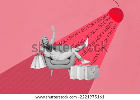 Creative collage picture of aged positive lady black white gamma sit chair hold bags black friday special offer isolated on painted background