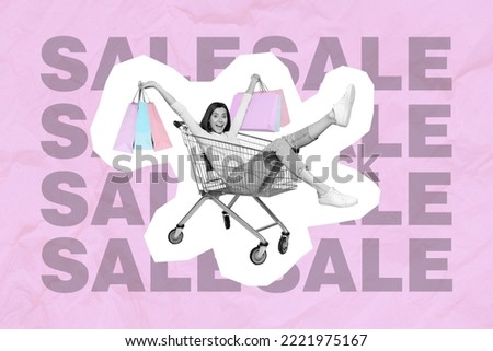 Collage photo of young excited crazy girl driving shopping cart hold bags with cheap clothes sale special offer isolated on pink color background
