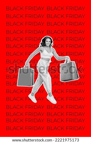 Collage photo of young excited lady wear sport costume jumping hold bags after spending money last proposition isolated on red color background