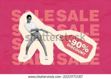 Collage photo of young pull hard sale big percent discount last chance get best price proposition excited girl isolated on pink color background