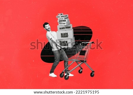 Collage photo of young excited guy hold much package boxes limited collection black friday big sale put into cart isolated on red color background
