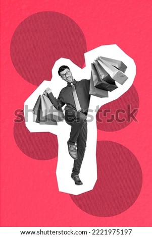 Collage photo of young worker guy wear formal costume hold packages celebrate weekend shopping cheap prices isolated on pink color background
