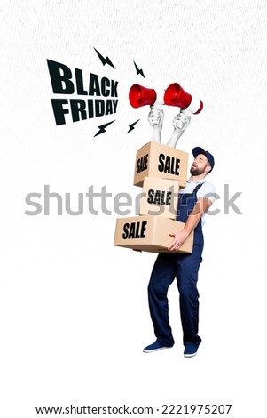 Collage photo of delivery man hold big order boxes sell discount hands with mic announcement black friday proposition isolated on white background
