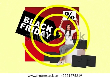 Collage photo of addicted shopaholic promoter lady hold paper sale percentage cheap price for electronics brand isolated on yellow color background
