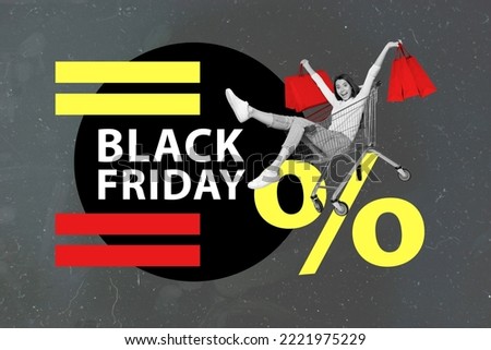 Collage photo poster of young excited girl shopaholic driving cart basket hold packages black friday big logo isolated on grey color background Royalty-Free Stock Photo #2221975229
