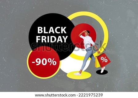 Collage photo of young shopaholic girl wear casual outfit running with bags find new black friday shopping mall isolated on grey color background