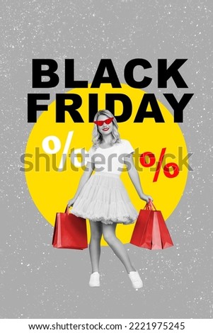 Collage photo of young stylish fashionista girl wear cute skirt hold packages glasses placard black friday offer isolated on grey color background