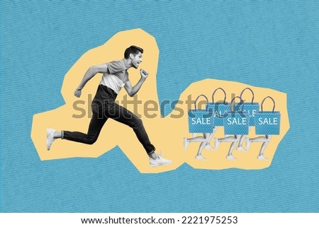 Creative collage picture of excited guy black white effect running catch shopping bags human legs limited time only proposition