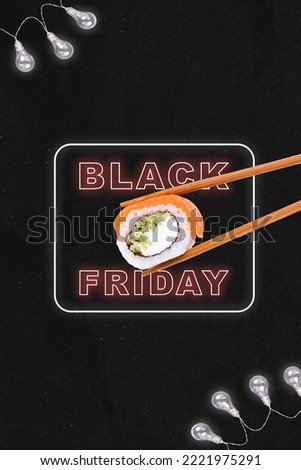 Vertical creative collage image of chopsticks hold sushi roll black friday deal proposition light bulb decoration isolated on black background