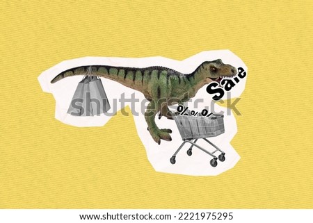 Composite collage picture of prehistoric dinosaur tail hold shopping bags push market trolley sale special offer