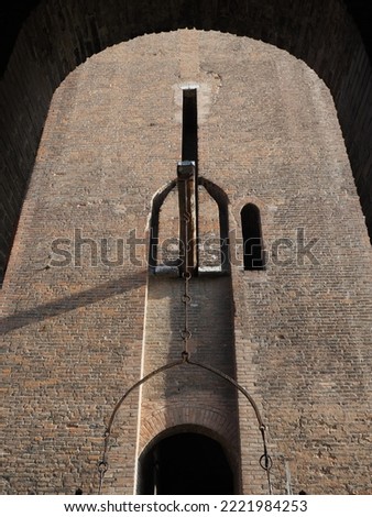 Italy, Ferrara castle, pedestrian entrance from Largo Castello. Detail of the drawbridge.