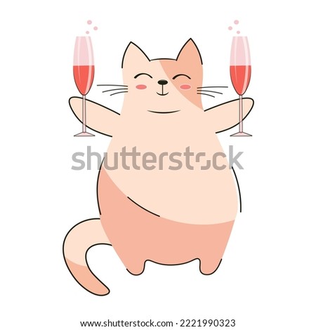 Cute cat with two glasses of wine or champagne. vector isolated illustration of a happy cat holding a drink. Clip-art cartoon flat style icon.Design for greeting cards banners.Sticker