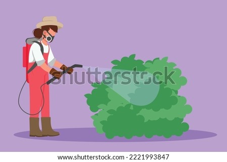 Cartoon flat style drawing happy female farmer wearing masks and carrying equipment to spray crops with disinfectant spray. Keep plants from pests and stay healthy. Graphic design vector illustration