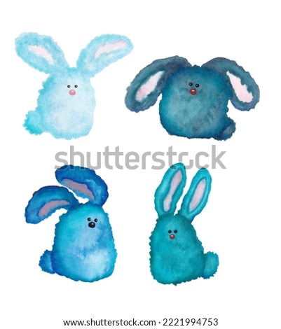watercolor set of four blue rabbits. decor elements. clip art