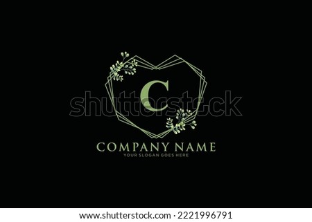 C Beauty vector initial logo, floral letters with flowers leaves and splatters isolated on white and black background. Vector illustration for wedding, greeting cards, invitations template design