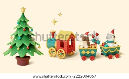 3D Illustration of a Christmas tree in pot and toy train loaded with festive freight and animal passenger isolated on yellow background