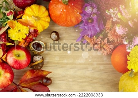 Autumn background, vegetables, fruits and leaves on wooden boards with copy space. Harvested autumn harvest on a white wooden table, sun glare and blurry lights. High quality photo