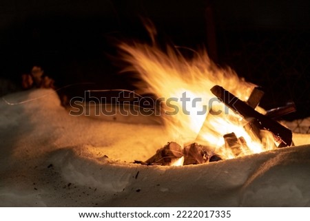 Campfire burns in the snow in the woods.. campfire burning in cold winter. Snow, forest and fire. Winter. Tourism. Flames on snow. Winter background. Nature	