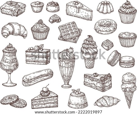 Sketch vector set of sweets, desserts, baked goods, candy in vintage style. Hand drawn piece of cake, cheesecake, tiramisu, brownie. Royalty-Free Stock Photo #2222019897