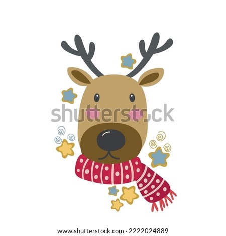 Festive christmas image of funny deer in a scarf and stars. Vector graphics on a white background, perfect for posters, postcards, prints on mugs, t-shirts, pillows, wallpapers.