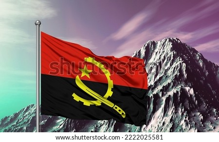 Angola national flag cloth fabric waving on beautiful MOUNTAIN sky.