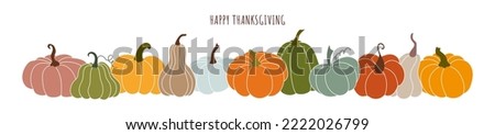 Beautiful colorful pumpkins. Horizontal border, pumpkin frame for Thanksgiving. Seasonal vector background design.