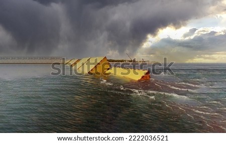 MOSE System in Venice, Italy at the sunset for defense against high waters. Barrier against the high water in the defense of Venice Lagoon. New generation of industrial flood prevention system.	 Royalty-Free Stock Photo #2222036521