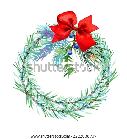 Christmas watercolor wreath with branches, berries and pine cones arrangement isolated on a white background. Hand painted winter design. Holiday classic New Year illustration.December card design.