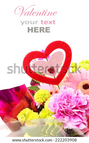 Mixed flowers for valentine with heart shape sign isolated on white