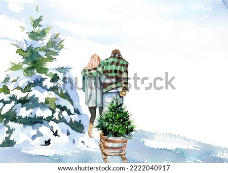 Couple with Christmas tree on a sled illustration isolated on white. Family buying a Christmas tree design. Winter concept clipart. Holiday Market graphic. Wintertime poster,card,branding,invitation.