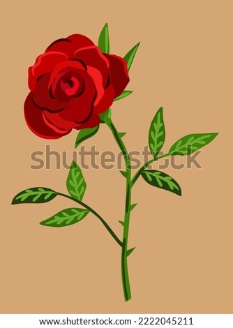 Red rose with thorns and leaves. Vector vintage illustration on beige background.