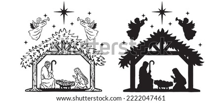Nativity Vector Drawing, Silhouette Baby Jesus, Angels singing, Christmas Holiday artwork
